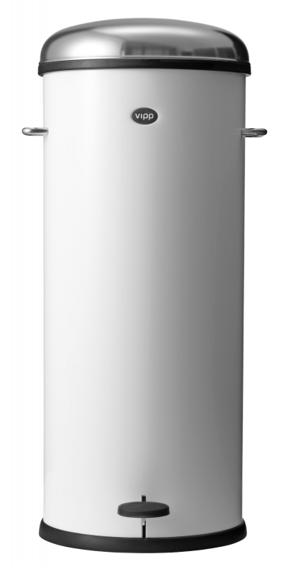 Weißer Vipp Treteimer mit 30 Litern Volumen, Edelstahl-Deckel und schwarzem Fußpedal für hygienische Abfallentsorgung.